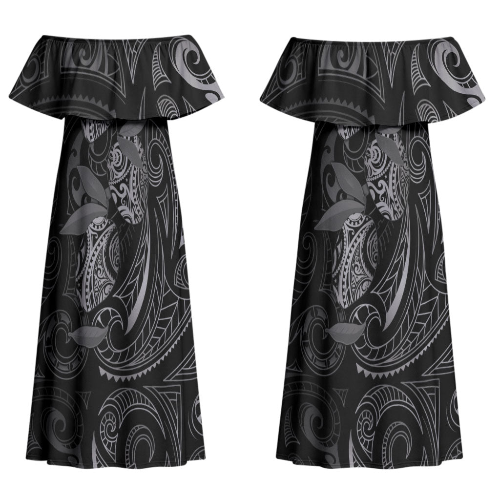 Hawaiian Mango Tribal Tattoo Couples Matching Off Shoulder Maxi Dress and Long Sleeve Button Shirt Black White Pacific Traditional Pattern LT9 - Polynesian Pride