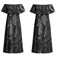 Hawaiian Mango Tribal Tattoo Couples Matching Off Shoulder Maxi Dress and Long Sleeve Button Shirt Black White Pacific Traditional Pattern LT9 - Polynesian Pride