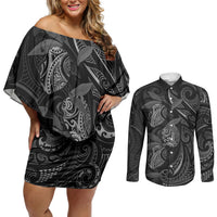 Hawaiian Mango Tribal Tattoo Couples Matching Off Shoulder Short Dress and Long Sleeve Button Shirt Black White Pacific Traditional Pattern LT9 Black - Polynesian Pride