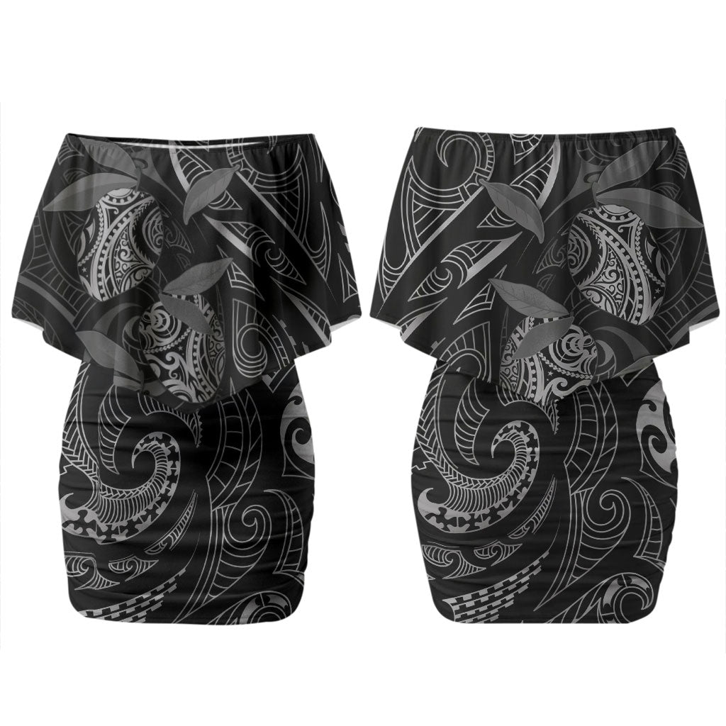 Hawaiian Mango Tribal Tattoo Couples Matching Off Shoulder Short Dress and Long Sleeve Button Shirt Black White Pacific Traditional Pattern LT9 - Polynesian Pride