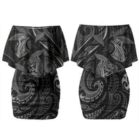 Hawaiian Mango Tribal Tattoo Couples Matching Off Shoulder Short Dress and Long Sleeve Button Shirt Black White Pacific Traditional Pattern LT9 - Polynesian Pride