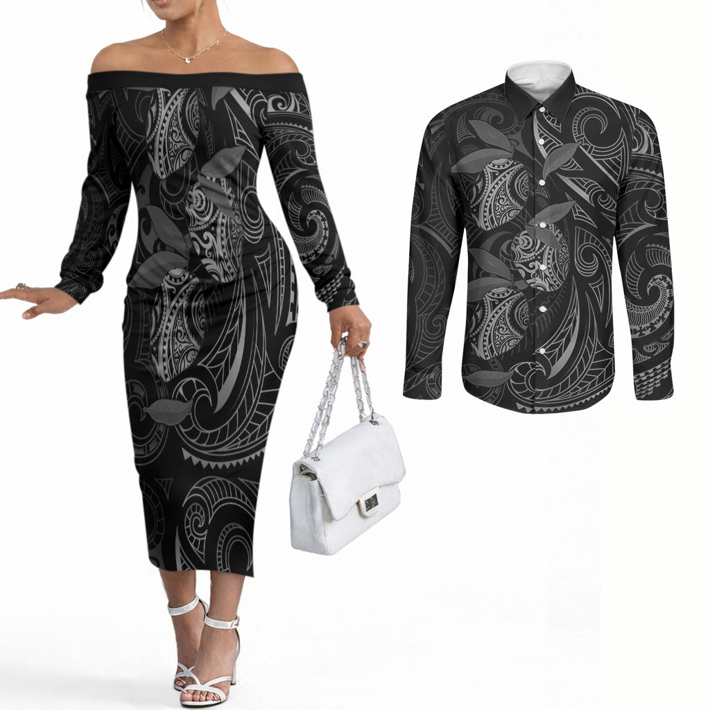 Hawaiian Mango Tribal Tattoo Couples Matching Off The Shoulder Long Sleeve Dress and Long Sleeve Button Shirt Black White Pacific Traditional Pattern LT9 Black - Polynesian Pride