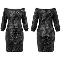 Hawaiian Mango Tribal Tattoo Couples Matching Off The Shoulder Long Sleeve Dress and Long Sleeve Button Shirt Black White Pacific Traditional Pattern LT9 - Polynesian Pride