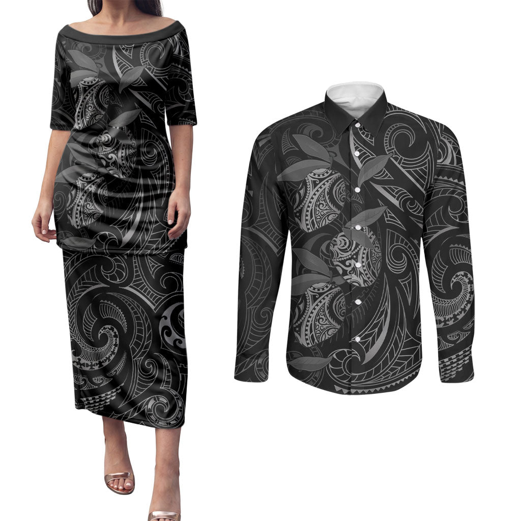 Hawaiian Mango Tribal Tattoo Couples Matching Puletasi and Long Sleeve Button Shirt Black White Pacific Traditional Pattern LT9 Black - Polynesian Pride