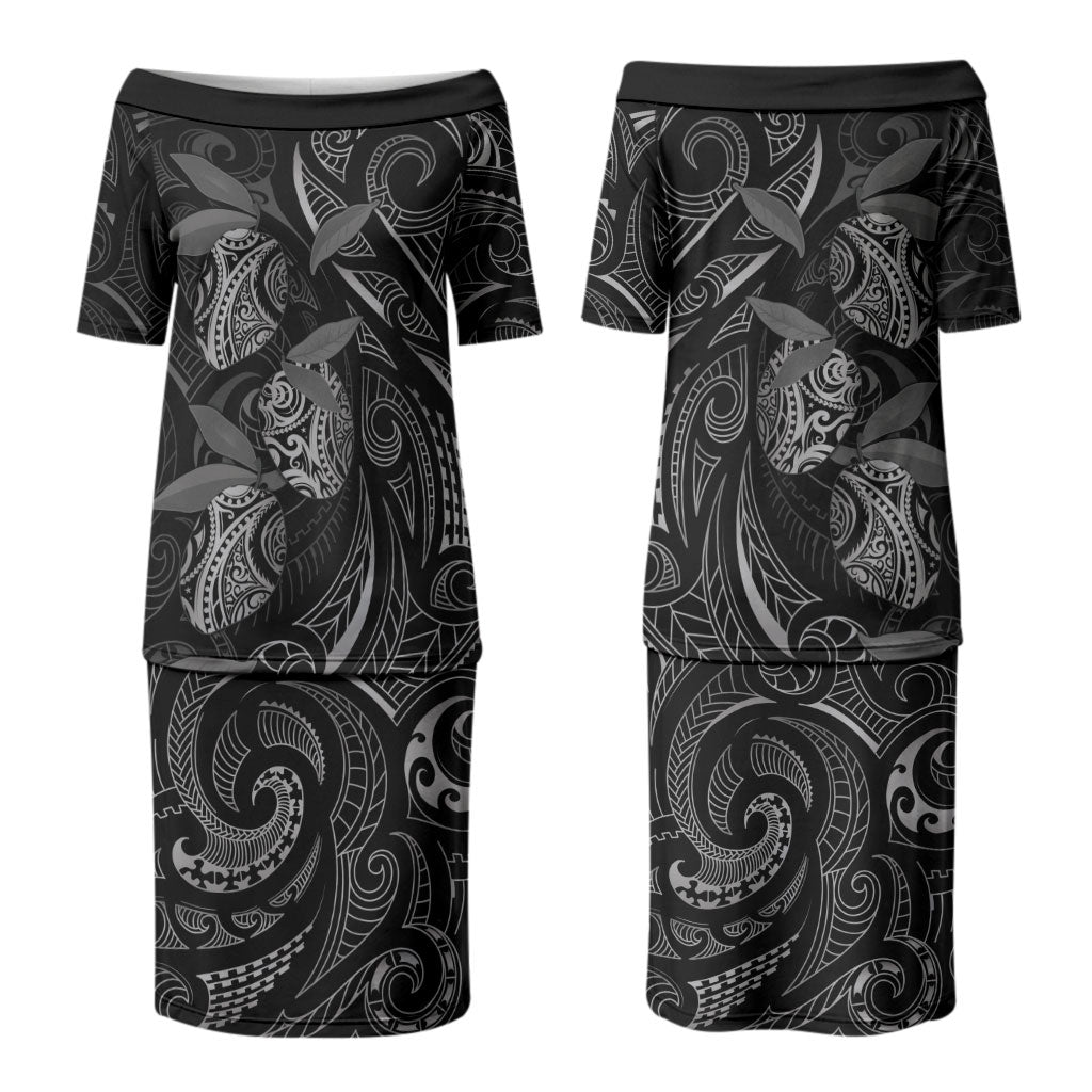 Hawaiian Mango Tribal Tattoo Couples Matching Puletasi and Long Sleeve Button Shirt Black White Pacific Traditional Pattern LT9 - Polynesian Pride