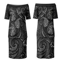 Hawaiian Mango Tribal Tattoo Couples Matching Puletasi and Long Sleeve Button Shirt Black White Pacific Traditional Pattern LT9 - Polynesian Pride
