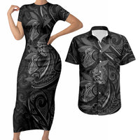 Hawaiian Mango Tribal Tattoo Couples Matching Short Sleeve Bodycon Dress and Hawaiian Shirt Black White Pacific Traditional Pattern LT9 Black - Polynesian Pride