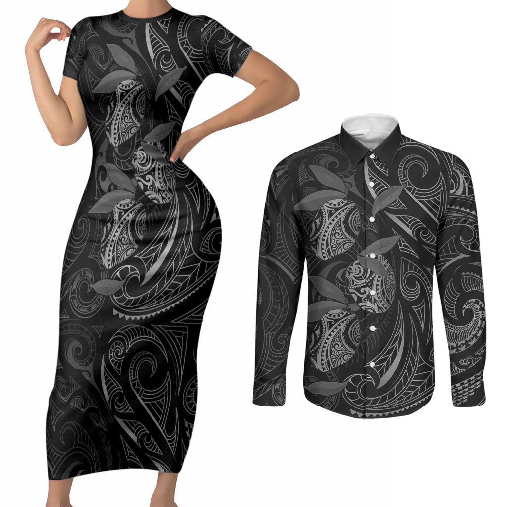 Hawaiian Mango Tribal Tattoo Couples Matching Short Sleeve Bodycon Dress and Long Sleeve Button Shirt Black White Pacific Traditional Pattern LT9 Black - Polynesian Pride