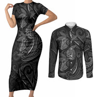 Hawaiian Mango Tribal Tattoo Couples Matching Short Sleeve Bodycon Dress and Long Sleeve Button Shirt Black White Pacific Traditional Pattern LT9 Black - Polynesian Pride
