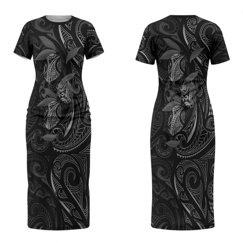 Hawaiian Mango Tribal Tattoo Couples Matching Short Sleeve Bodycon Dress and Long Sleeve Button Shirt Black White Pacific Traditional Pattern LT9 - Polynesian Pride