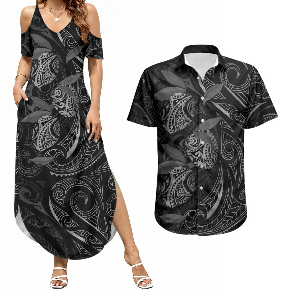 Hawaiian Mango Tribal Tattoo Couples Matching Summer Maxi Dress and Hawaiian Shirt Black White Pacific Traditional Pattern LT9 Black - Polynesian Pride