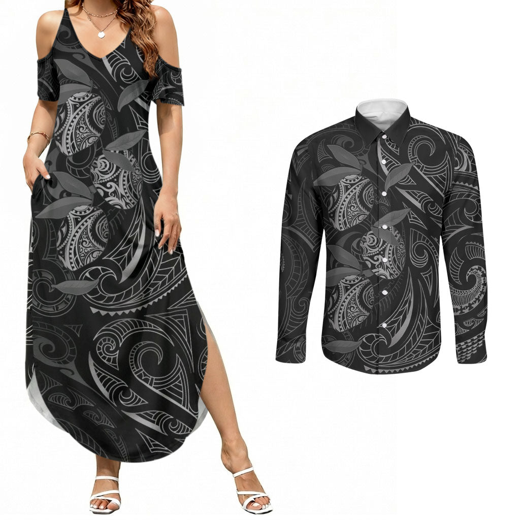 Hawaiian Mango Tribal Tattoo Couples Matching Summer Maxi Dress and Long Sleeve Button Shirt Black White Pacific Traditional Pattern LT9 Black - Polynesian Pride