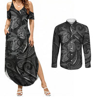Hawaiian Mango Tribal Tattoo Couples Matching Summer Maxi Dress and Long Sleeve Button Shirt Black White Pacific Traditional Pattern LT9 Black - Polynesian Pride