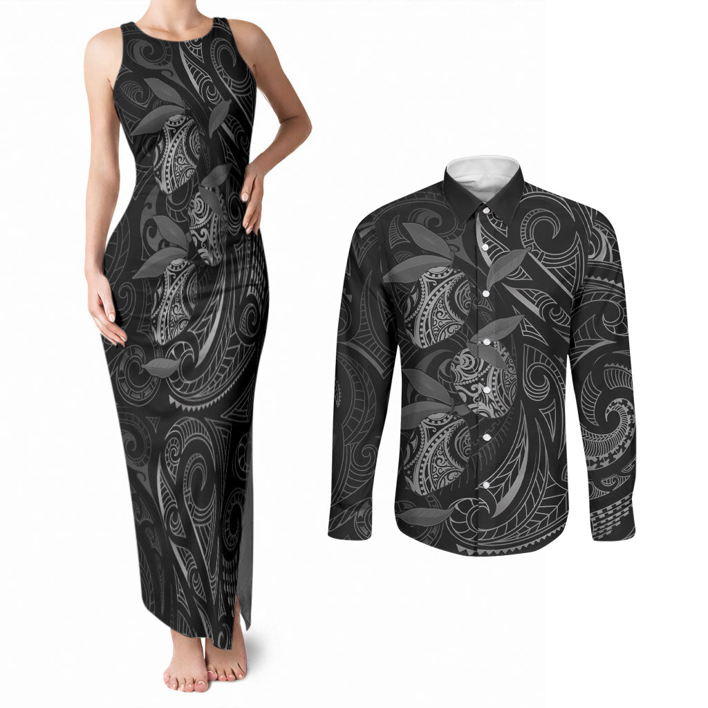Hawaiian Mango Tribal Tattoo Couples Matching Tank Maxi Dress and Long Sleeve Button Shirt Black White Pacific Traditional Pattern LT9 Black - Polynesian Pride
