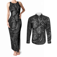 Hawaiian Mango Tribal Tattoo Couples Matching Tank Maxi Dress and Long Sleeve Button Shirt Black White Pacific Traditional Pattern LT9 Black - Polynesian Pride