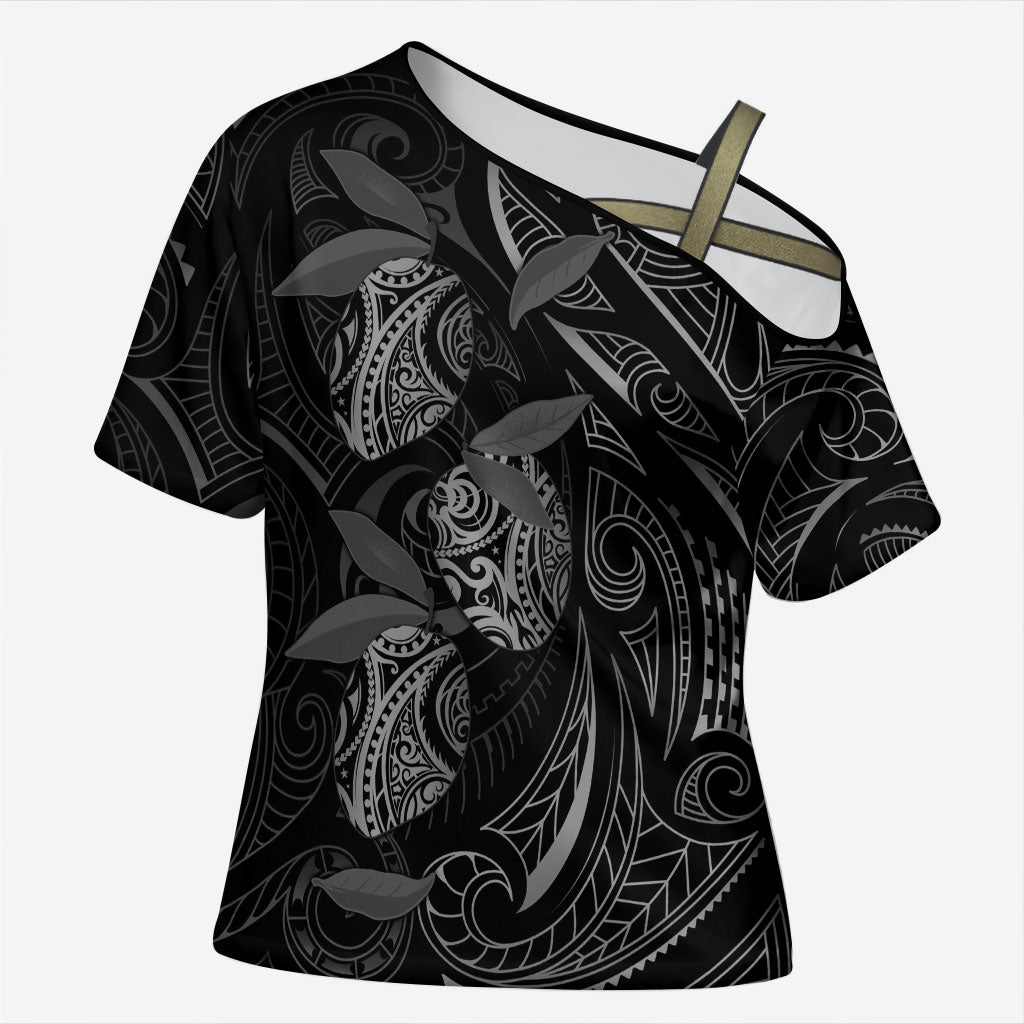 Hawaiian Mango Tribal Tattoo Cross Shoulder Shirt Black White Pacific Traditional Pattern LT9 Female Black - Polynesian Pride
