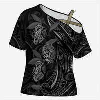 Hawaiian Mango Tribal Tattoo Cross Shoulder Shirt Black White Pacific Traditional Pattern LT9 Female Black - Polynesian Pride