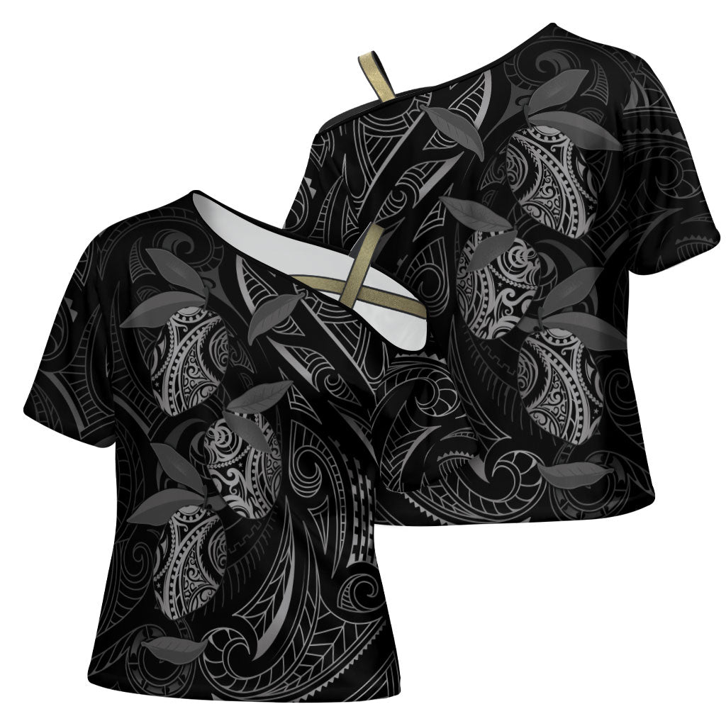 Hawaiian Mango Tribal Tattoo Cross Shoulder Shirt Black White Pacific Traditional Pattern LT9 - Polynesian Pride