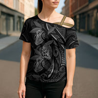 Hawaiian Mango Tribal Tattoo Cross Shoulder Shirt Black White Pacific Traditional Pattern LT9 - Polynesian Pride