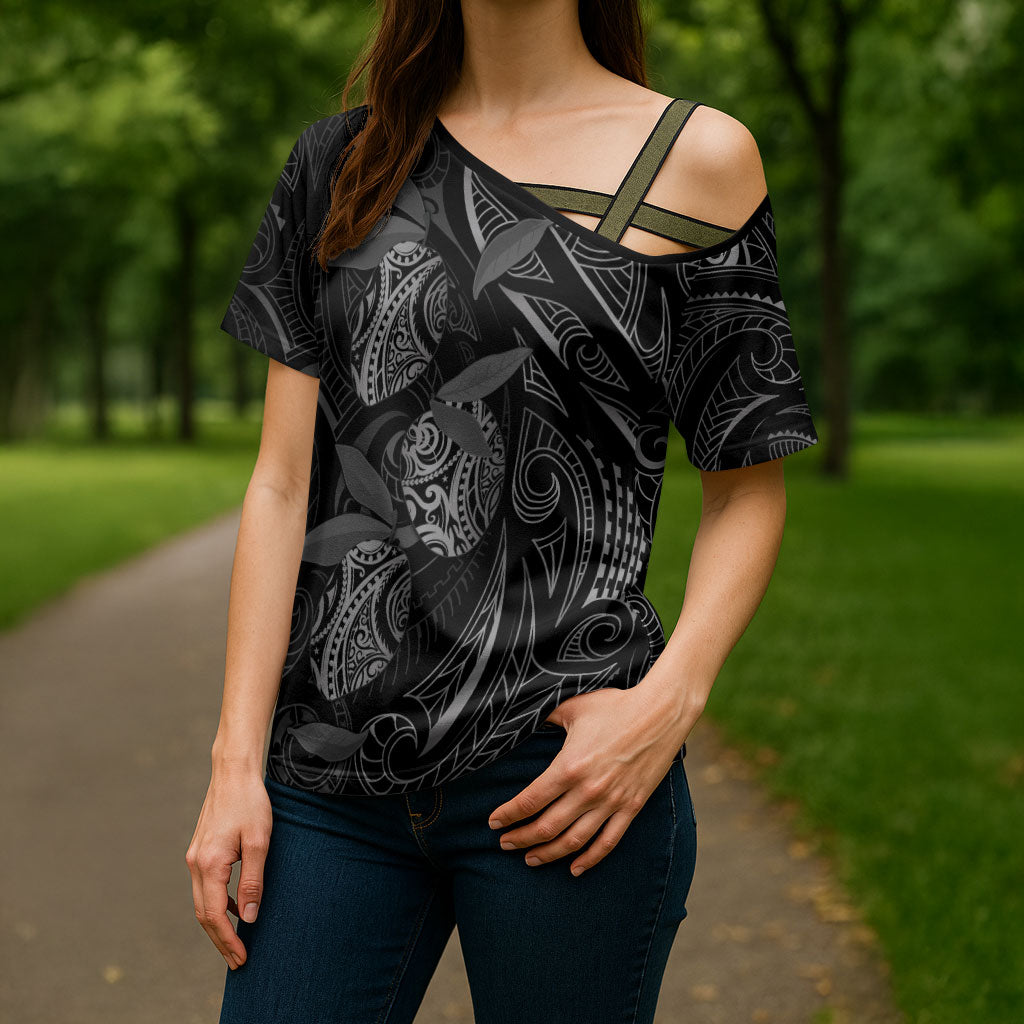 Hawaiian Mango Tribal Tattoo Cross Shoulder Shirt Black White Pacific Traditional Pattern LT9 - Polynesian Pride