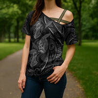 Hawaiian Mango Tribal Tattoo Cross Shoulder Shirt Black White Pacific Traditional Pattern LT9 - Polynesian Pride