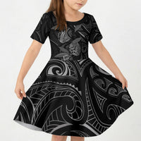 Hawaiian Mango Tribal Tattoo Kid Short Sleeve Dress Black White Pacific Traditional Pattern LT9 KID Black - Polynesian Pride