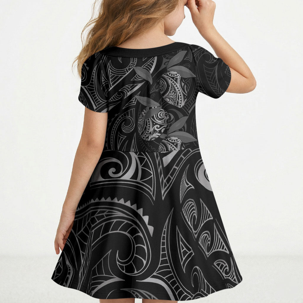 Hawaiian Mango Tribal Tattoo Kid Short Sleeve Dress Black White Pacific Traditional Pattern LT9 - Polynesian Pride