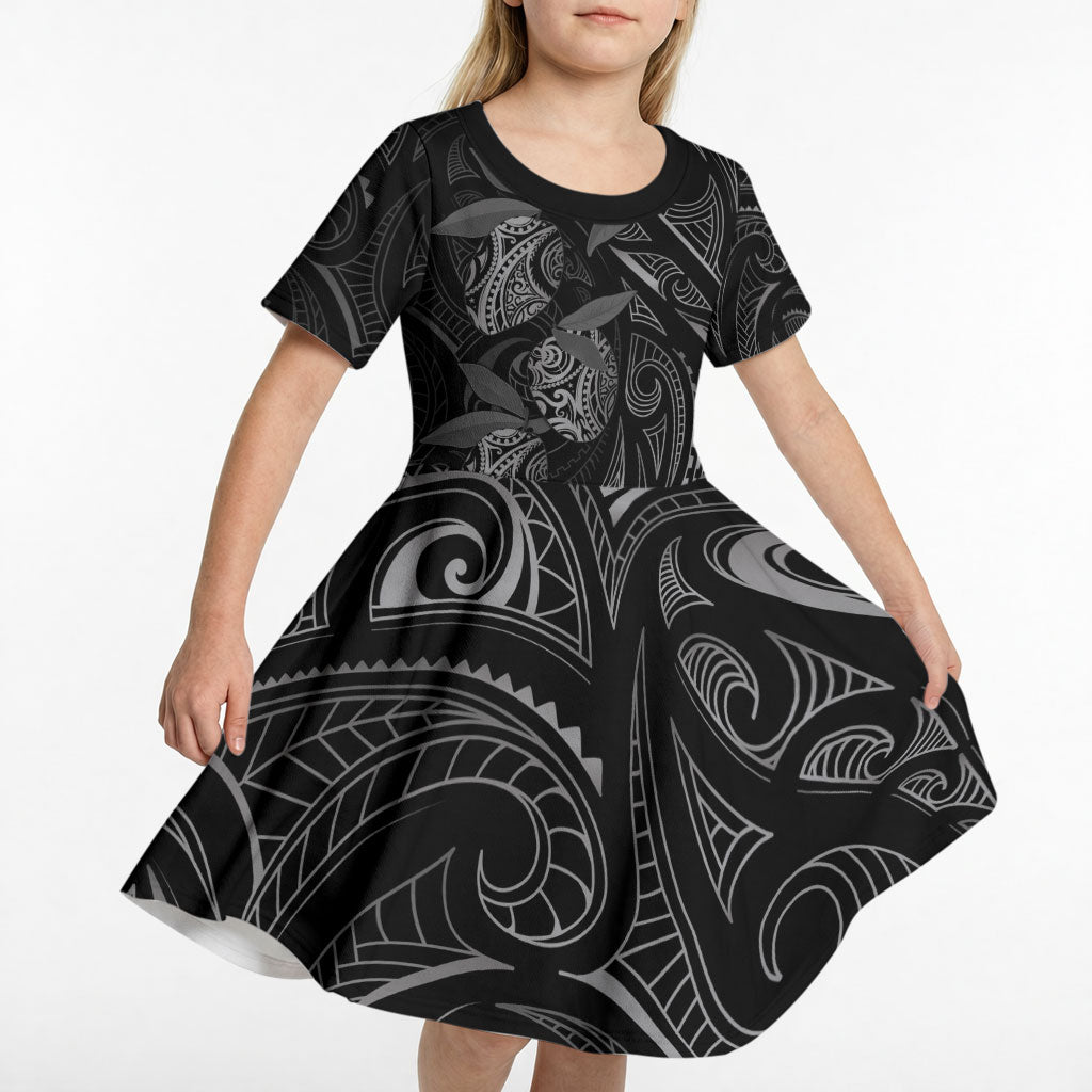 Hawaiian Mango Tribal Tattoo Kid Short Sleeve Dress Black White Pacific Traditional Pattern LT9 - Polynesian Pride