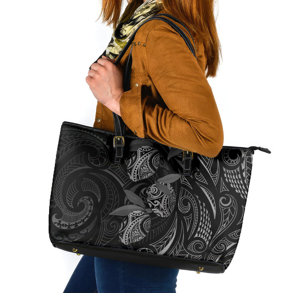 Hawaiian Mango Tribal Tattoo Leather Tote Bag Black White Pacific Traditional Pattern LT9 Black - Polynesian Pride