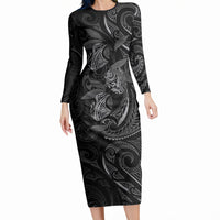 Hawaiian Mango Tribal Tattoo Long Sleeve Bodycon Dress Black White Pacific Traditional Pattern LT9 Long Dress Black - Polynesian Pride