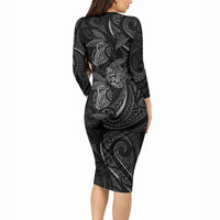 Hawaiian Mango Tribal Tattoo Long Sleeve Bodycon Dress Black White Pacific Traditional Pattern LT9 - Polynesian Pride