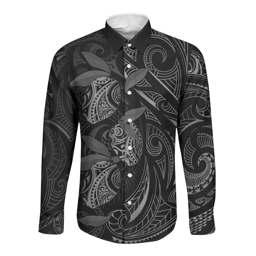 Hawaiian Mango Tribal Tattoo Long Sleeve Button Shirt Black White Pacific Traditional Pattern LT9 Unisex Black - Polynesian Pride