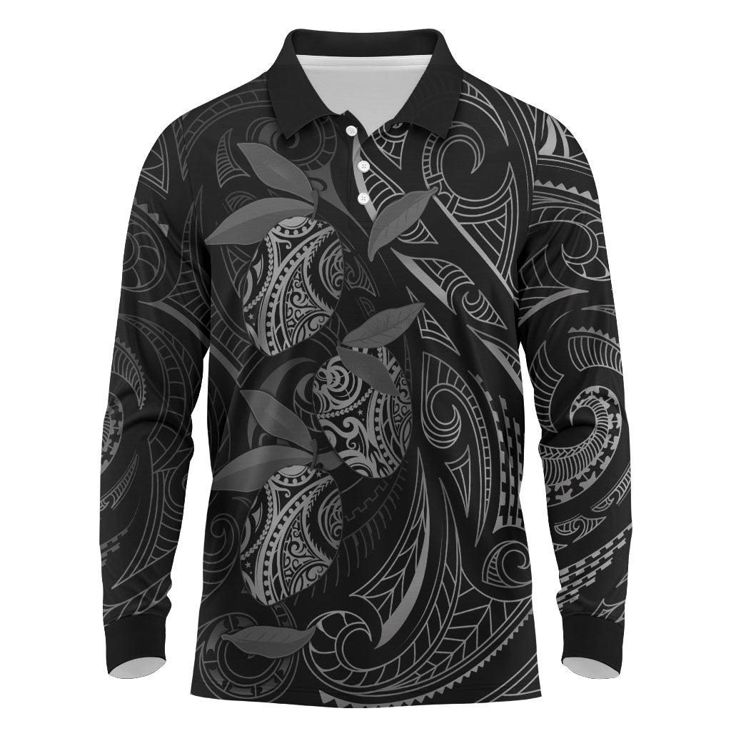 Hawaiian Mango Tribal Tattoo Long Sleeve Polo Shirt Black White Pacific Traditional Pattern LT9 Black - Polynesian Pride
