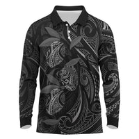 Hawaiian Mango Tribal Tattoo Long Sleeve Polo Shirt Black White Pacific Traditional Pattern LT9 Black - Polynesian Pride
