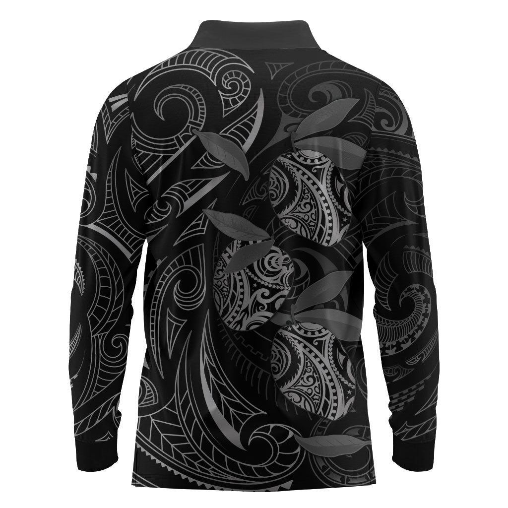 Hawaiian Mango Tribal Tattoo Long Sleeve Polo Shirt Black White Pacific Traditional Pattern LT9 - Polynesian Pride
