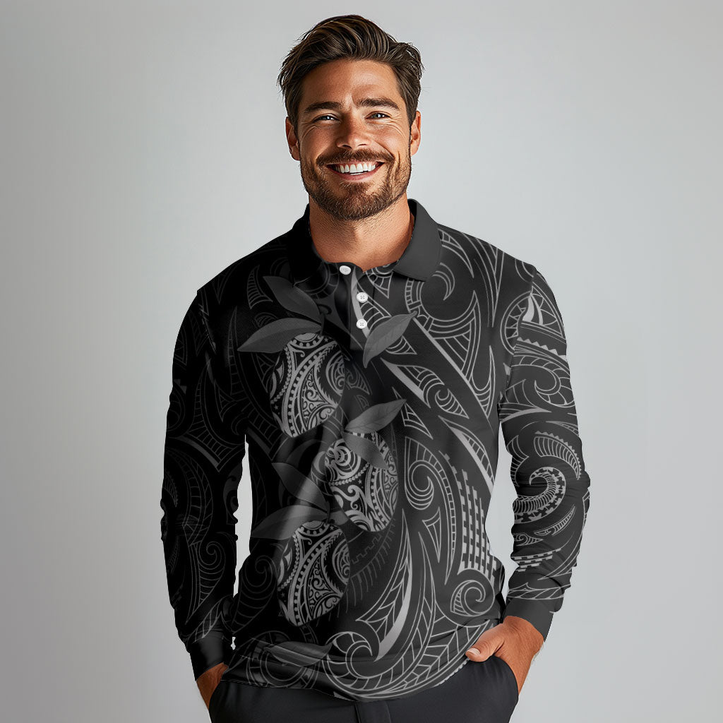 Hawaiian Mango Tribal Tattoo Long Sleeve Polo Shirt Black White Pacific Traditional Pattern LT9 - Polynesian Pride