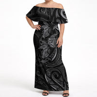 Hawaiian Mango Tribal Tattoo Off Shoulder Maxi Dress Black White Pacific Traditional Pattern LT9 Women Black - Polynesian Pride