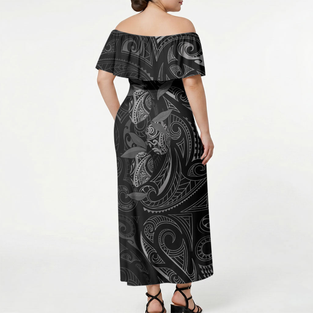 Hawaiian Mango Tribal Tattoo Off Shoulder Maxi Dress Black White Pacific Traditional Pattern LT9 - Polynesian Pride