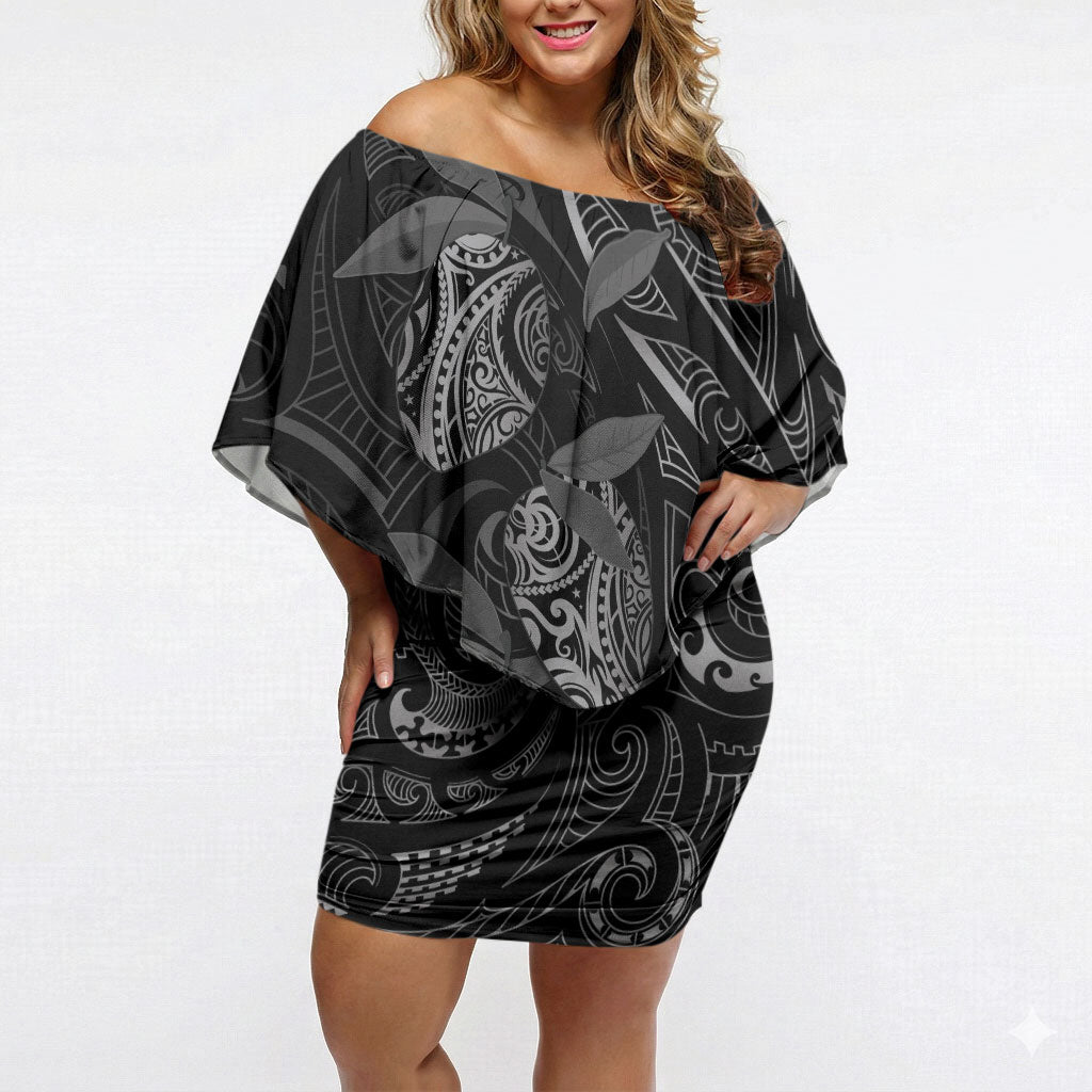 Hawaiian Mango Tribal Tattoo Off Shoulder Short Dress Black White Pacific Traditional Pattern LT9 Women Black - Polynesian Pride