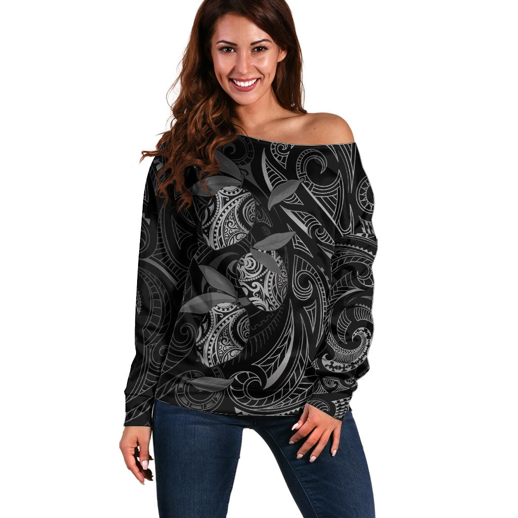 Hawaiian Mango Tribal Tattoo Off Shoulder Sweater Black White Pacific Traditional Pattern LT9 Women Black - Polynesian Pride