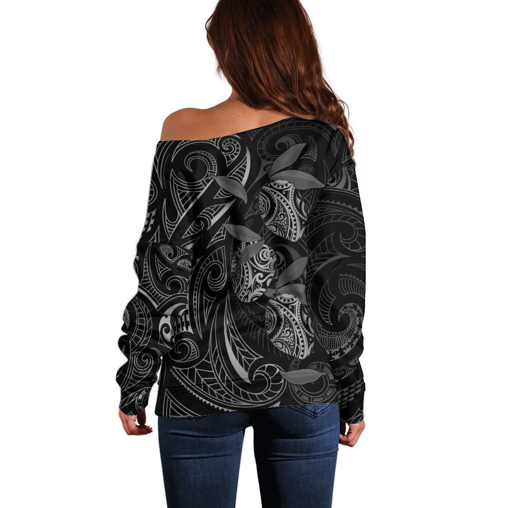 Hawaiian Mango Tribal Tattoo Off Shoulder Sweater Black White Pacific Traditional Pattern LT9 - Polynesian Pride