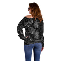 Hawaiian Mango Tribal Tattoo Off Shoulder Sweater Black White Pacific Traditional Pattern LT9 - Polynesian Pride