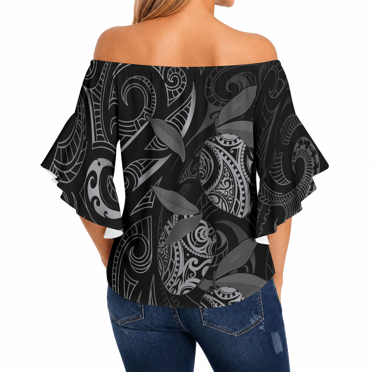 Hawaiian Mango Tribal Tattoo Off Shoulder Wrap Waist Top Black White Pacific Traditional Pattern LT9 - Polynesian Pride