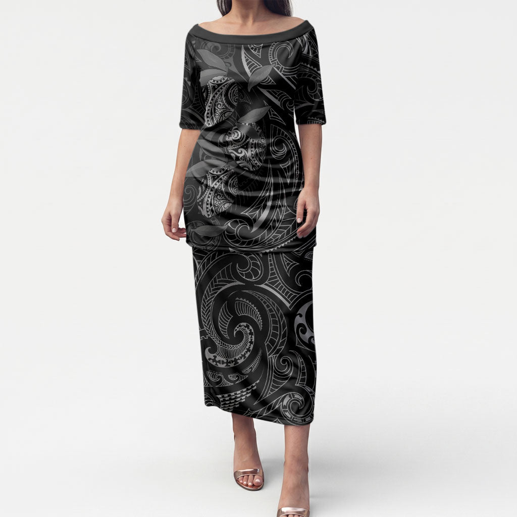 Hawaiian Mango Tribal Tattoo Puletasi Black White Pacific Traditional Pattern LT9 Long Dress Black - Polynesian Pride