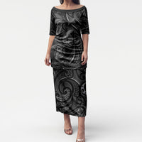 Hawaiian Mango Tribal Tattoo Puletasi Black White Pacific Traditional Pattern LT9 Long Dress Black - Polynesian Pride