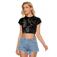 Hawaiian Mango Tribal Tattoo Raglan Cropped T Shirt Black White Pacific Traditional Pattern LT9 Female Black - Polynesian Pride