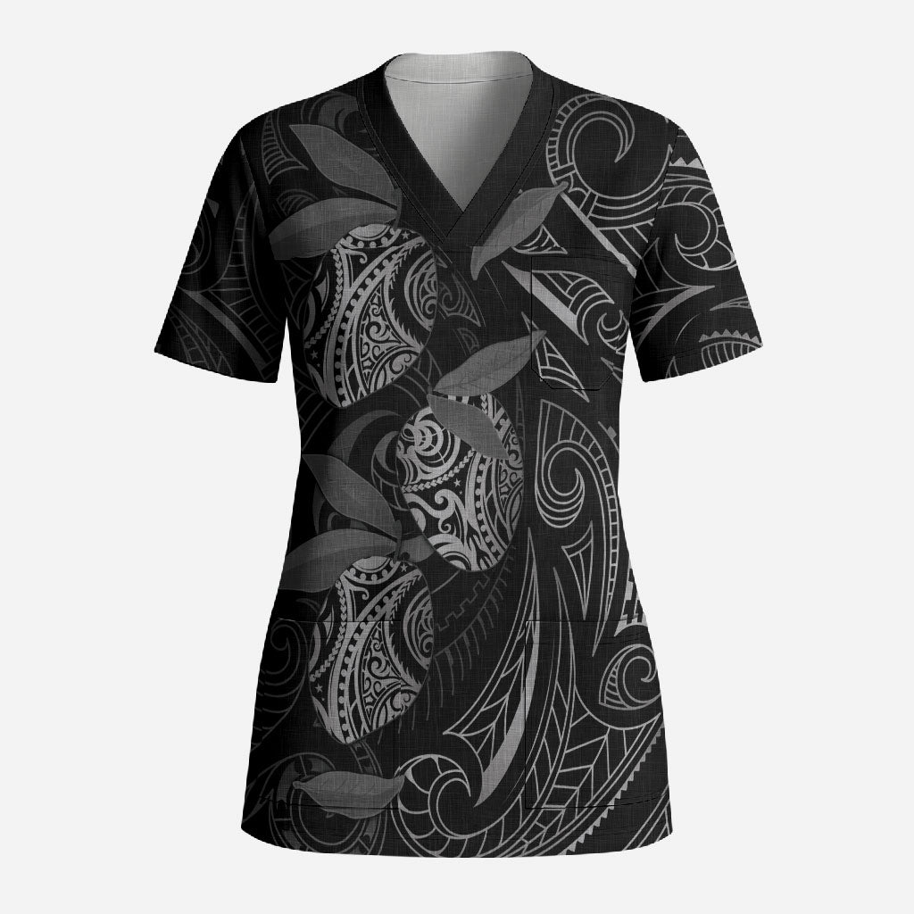 Hawaiian Mango Tribal Tattoo Scrub Top Black White Pacific Traditional Pattern LT9 Adult Black - Polynesian Pride