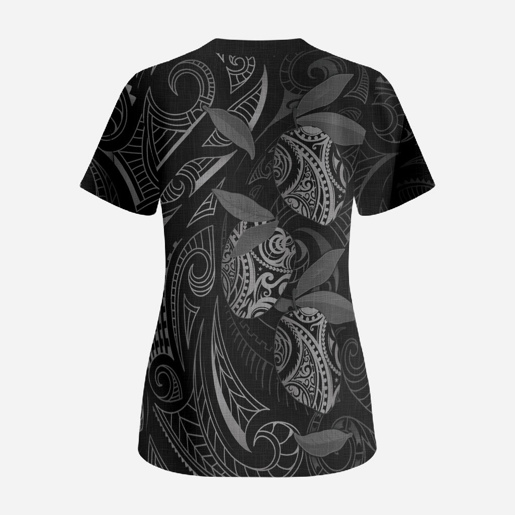 Hawaiian Mango Tribal Tattoo Scrub Top Black White Pacific Traditional Pattern LT9 - Polynesian Pride