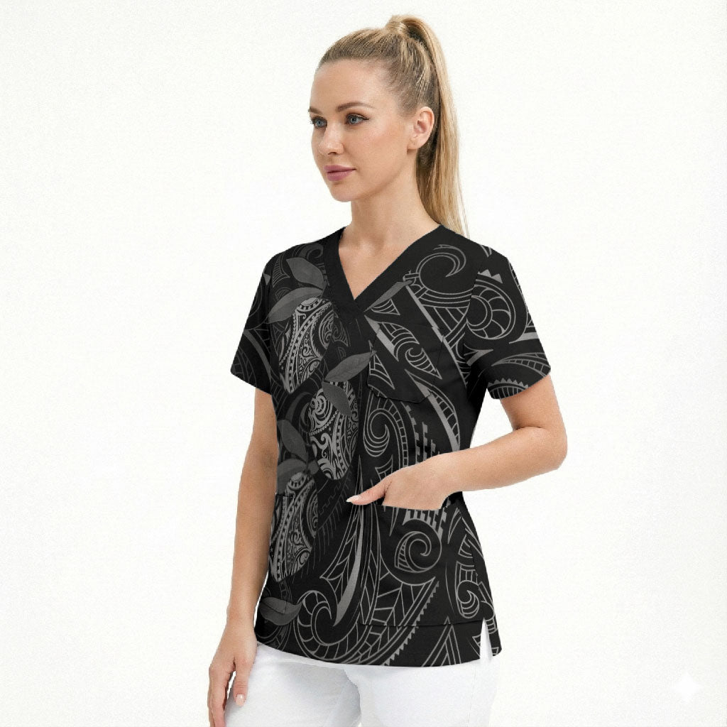 Hawaiian Mango Tribal Tattoo Scrub Top Black White Pacific Traditional Pattern LT9 - Polynesian Pride