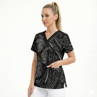 Hawaiian Mango Tribal Tattoo Scrub Top Black White Pacific Traditional Pattern LT9 - Polynesian Pride